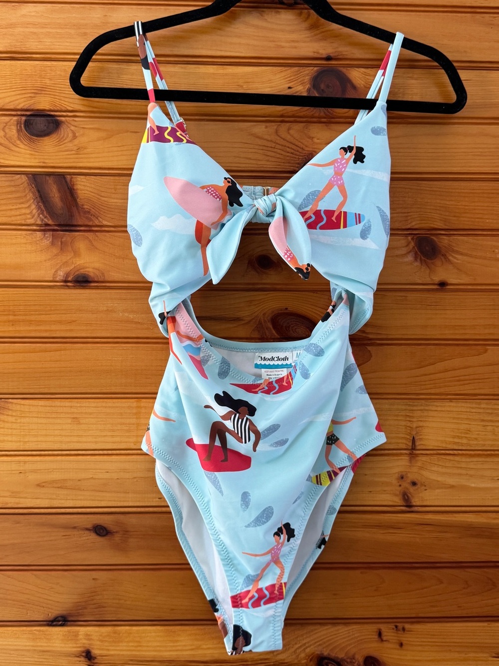 ModCloth Siena Surfer Print Cutout One Piece Swimsuit Tie Front M NWOT